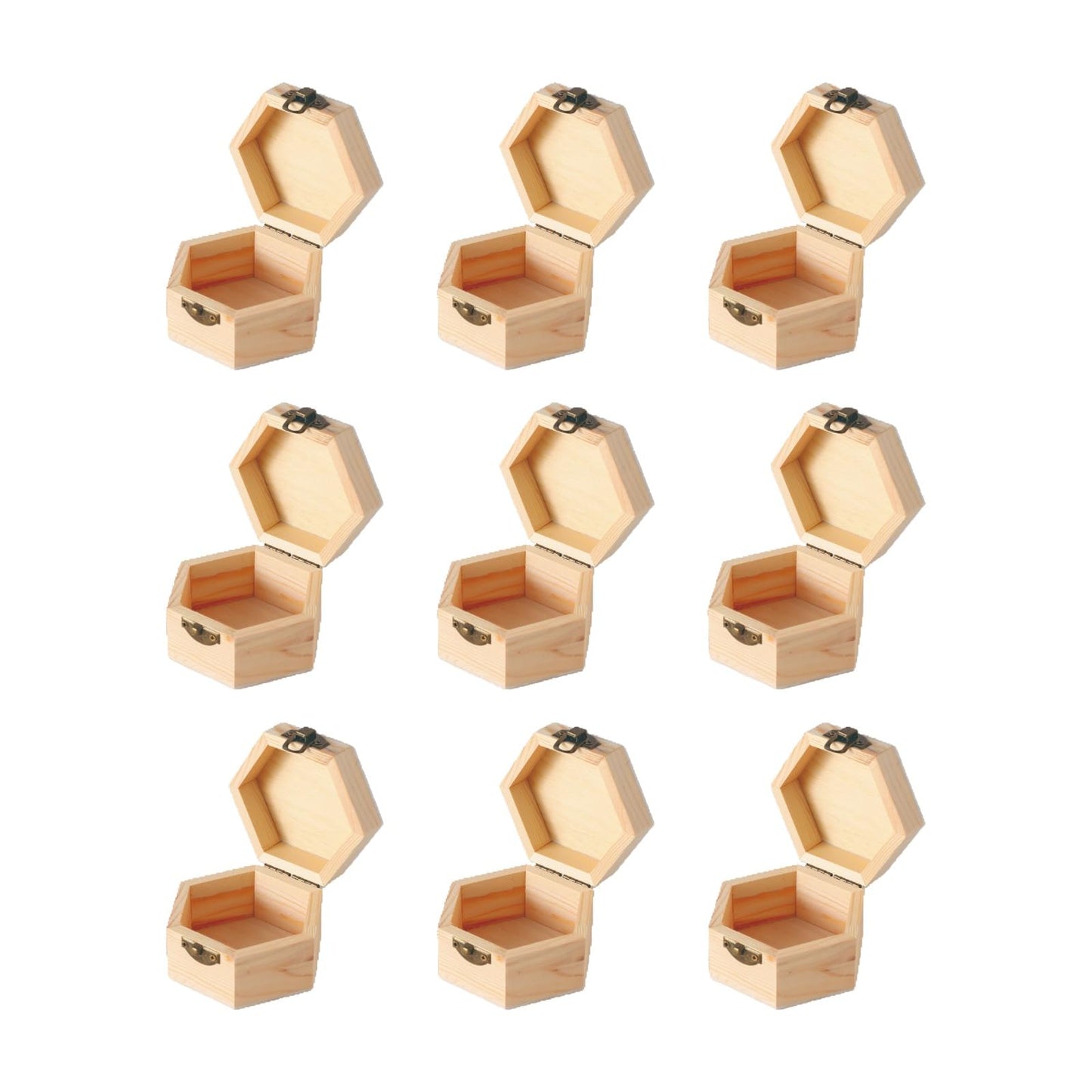 12 pcs Unfinished Vintage Wooden Hexagonal Pine Storage Boxes, 3.8X3.3X2.2in with Hinged Lids and Front Buckles for DIY Handmade Wooden Jewelry Box