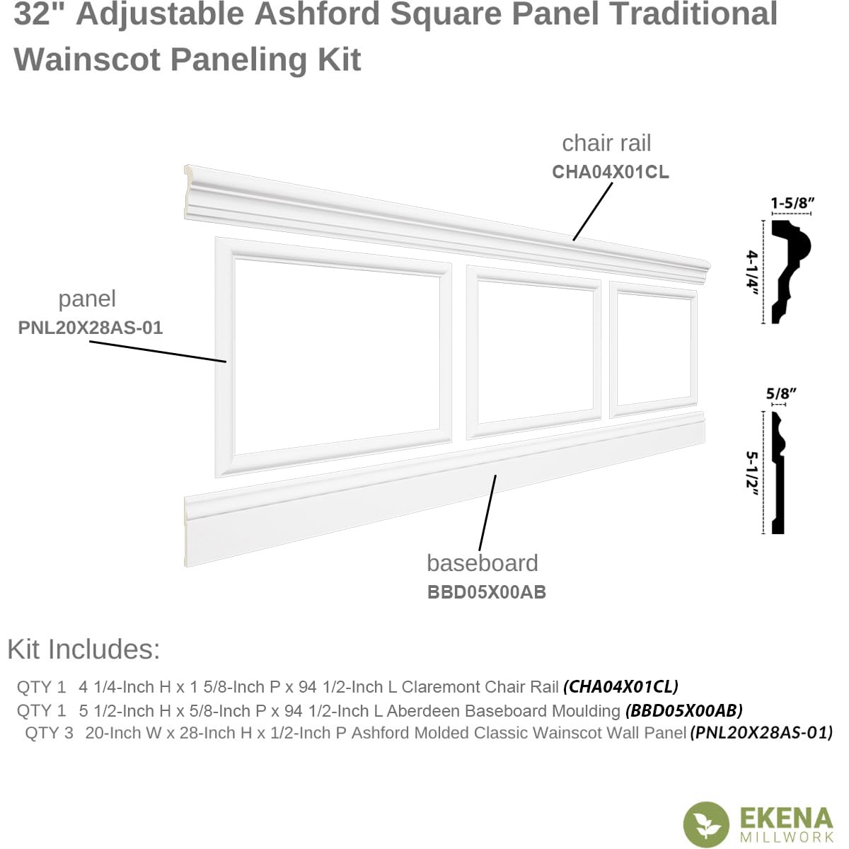 WPKUSQ101P032 94 1/2"L (Adjustable 32"H to 36"H) Ashford Square Panel Traditional Wainscot Paneling Kit