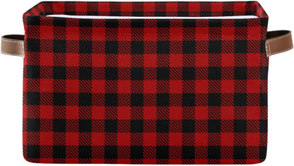 Christmas Red Buffalo Plaid Storage Basket, Fabric Laundry Baskets for Winter Holiday Decorations, 16×12×8 Inches