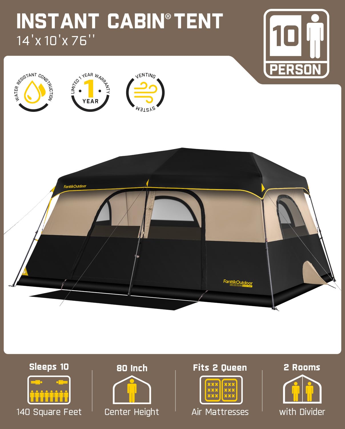 FanttikOutdoor Zeta C10 Pro Max Instant Cabin Tent 10 Person Camping Tent Setup in 60 Seconds with Rainfly & Windproof Portable with Carry Bag for Family Camping & Hiking, Upgraded Ventilation, Khaki