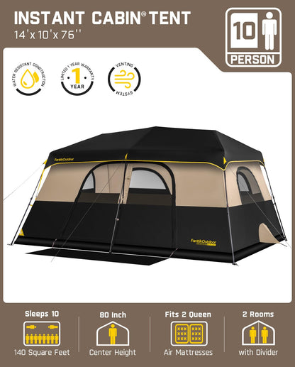FanttikOutdoor Zeta C10 Pro Max Instant Cabin Tent 10 Person Camping Tent Setup in 60 Seconds with Rainfly & Windproof Portable with Carry Bag for Family Camping & Hiking, Upgraded Ventilation, Khaki