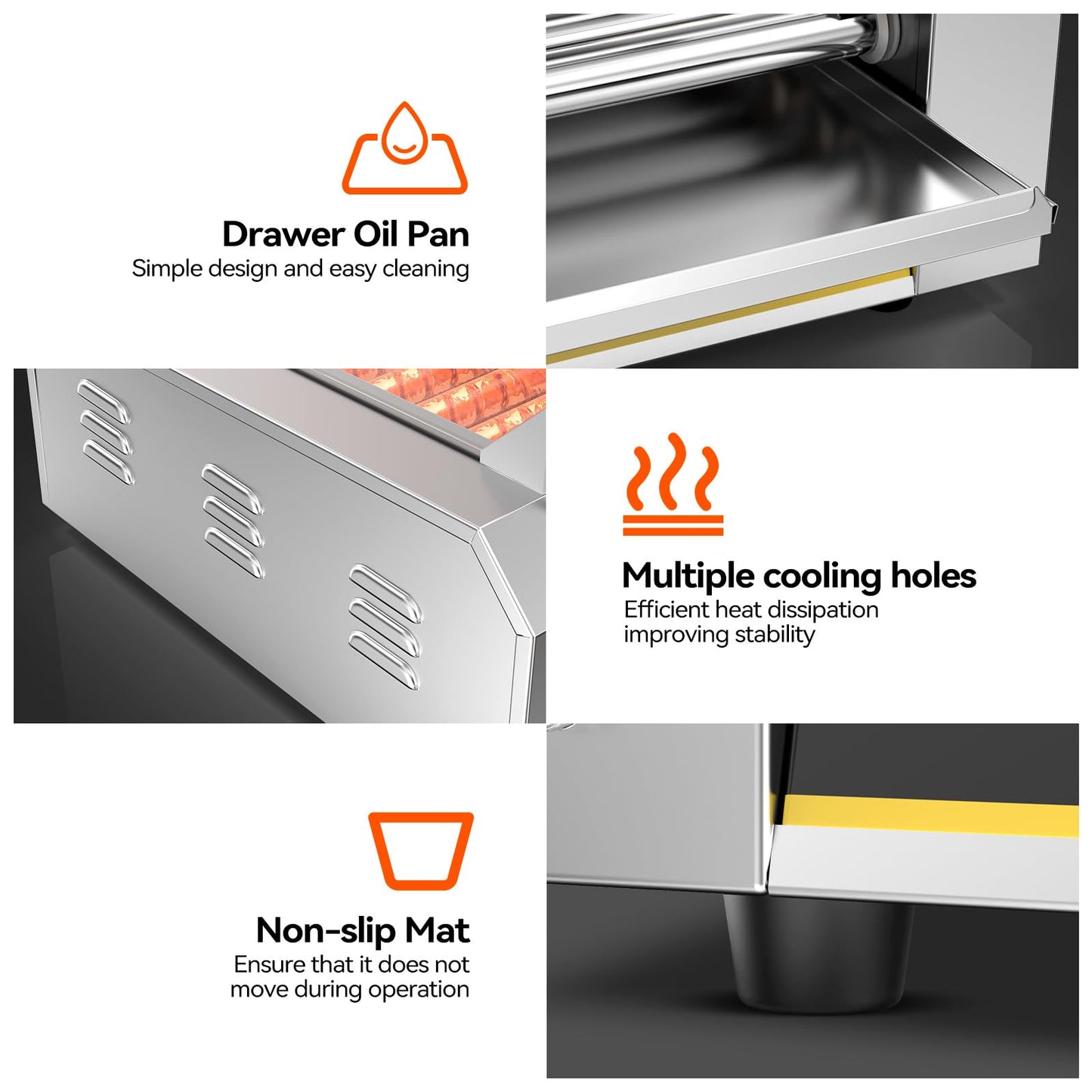 BOOROS 9 Roller Hot Dog Machine 1400W Commercial Hot Dog Roller Stainless Steel with Dual Temp Control,Removable Tempered Glass Cover & LED Lights,24 Hot Dogs Capacity for Parties,Events & Food Stalls