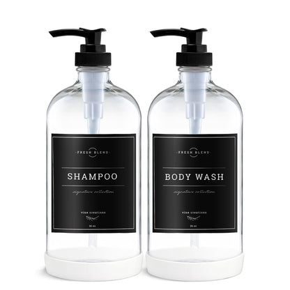 Vine Creations Clear Glass Soap Dispenser, 2 Pack Kitchen Soap Dispenser Set with Rustproof Pump, 16 oz Dish Soap and Hand Soap Dispensers for Bathroom with Waterproof Labels