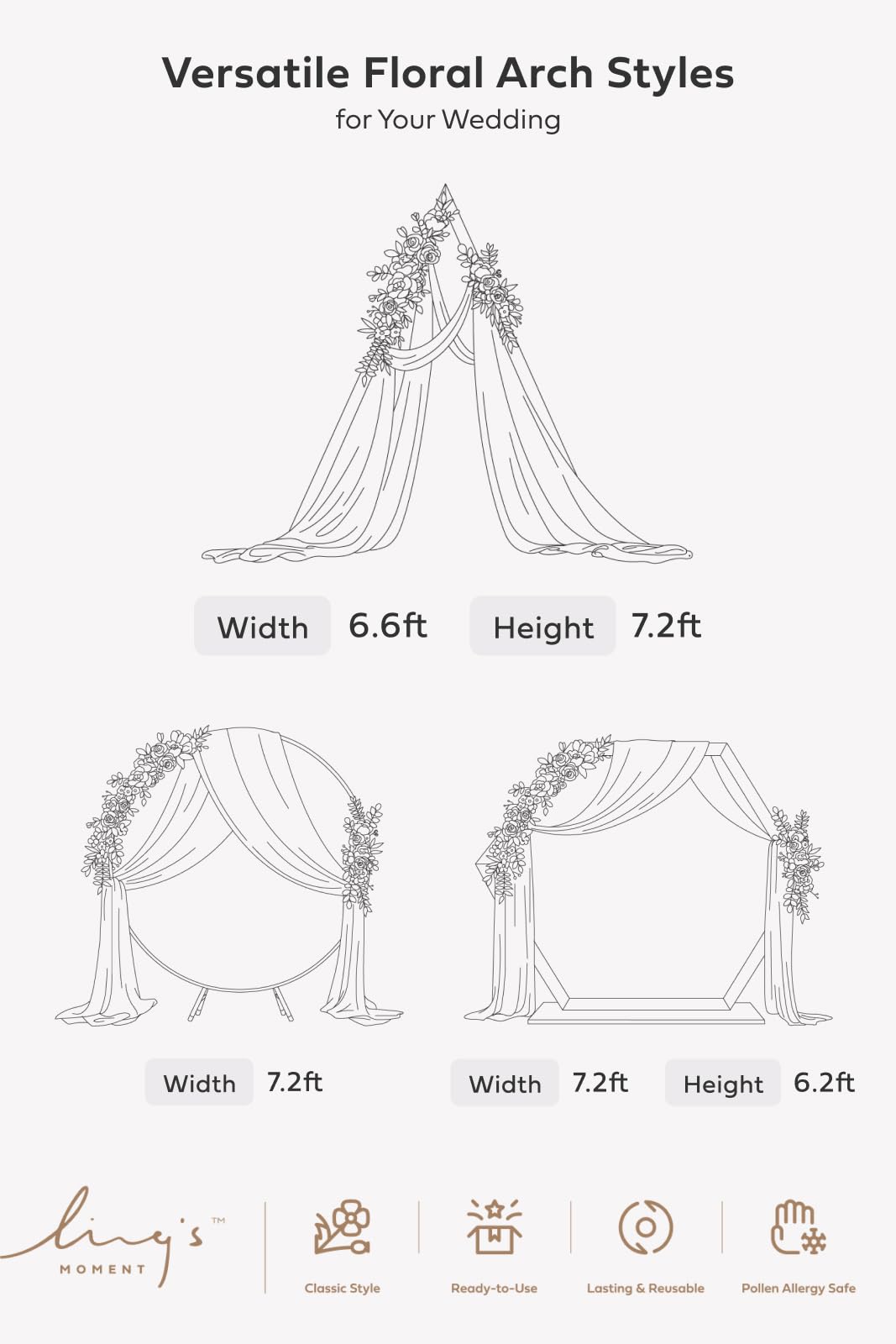 Ling's moment Wedding Arch Flowers with Drapes Kit-Pack of 5, 2pcs Flower Arrangements 3pcs Sheer Hanging Drapes White Ceremony Arbor Backdrop Artificial Rose Floral Decorations, Blush Cream