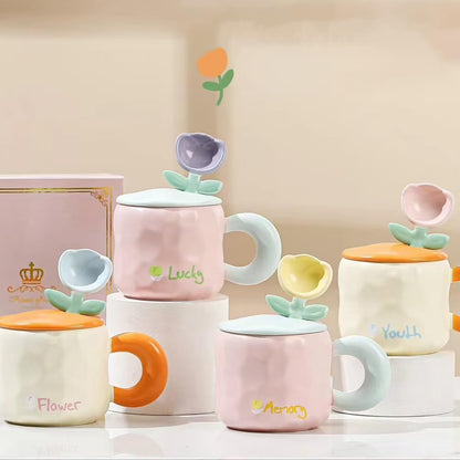 Disoza Mug With Lid 15 OZ Ceramic Tea Christmas Pink Tulip Coffee Flower Cup Floral Funny Coffee Mug Birthday Gift for Women Girlfriend