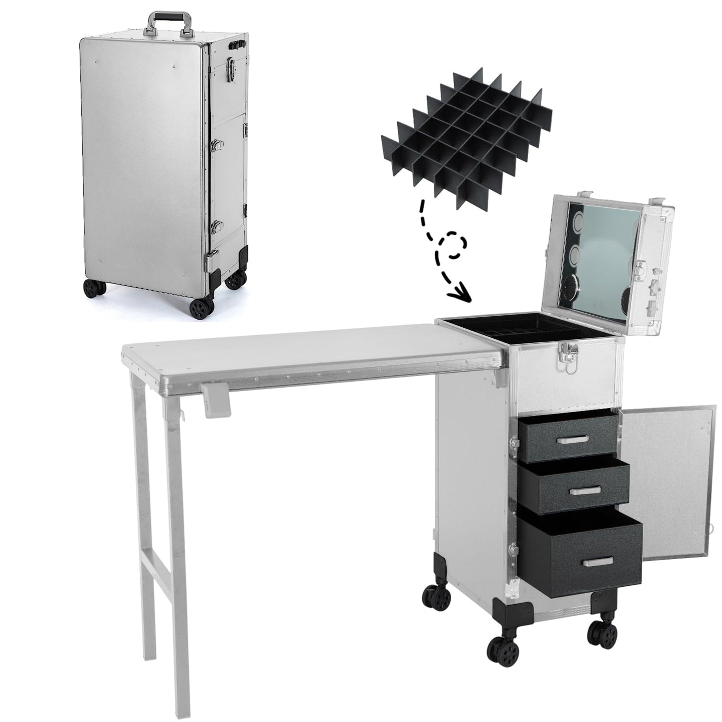 KAJURUI Portable Nail Desk with LED Mirror, Heavy Duty Foldable Manicure Table with 4 Drawers, Rolling Makeup Train Case Cosmetology Trolley on Wheels, Mobile Nail Tech Workstation （White）