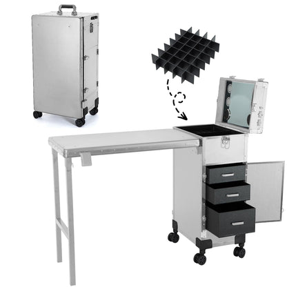 KAJURUI Portable Nail Desk with LED Mirror, Heavy Duty Foldable Manicure Table with 4 Drawers, Rolling Makeup Train Case Cosmetology Trolley on Wheels, Mobile Nail Tech Workstation （White）
