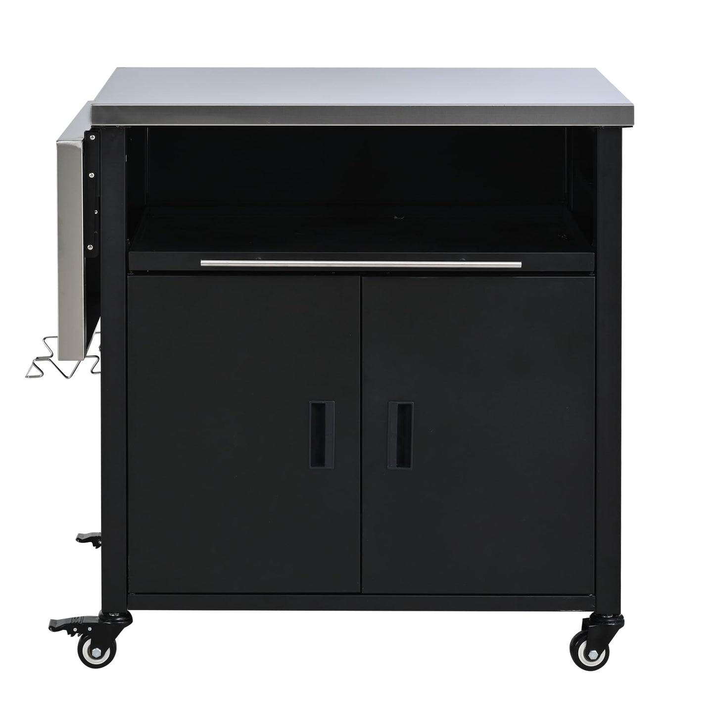 Outdoor Folding Kitchen Cart with Dual Stainless Steel Tops, Rolling Grill Prep Table with Cabinet Drawer and Trash Rack, Portable BBQ Serving Cart with Lockable Wheels for Patio Backyard, Black
