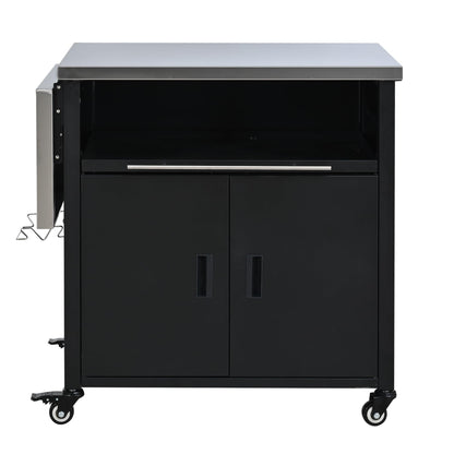 Outdoor Folding Kitchen Cart with Dual Stainless Steel Tops, Rolling Grill Prep Table with Cabinet Drawer and Trash Rack, Portable BBQ Serving Cart with Lockable Wheels for Patio Backyard, Black