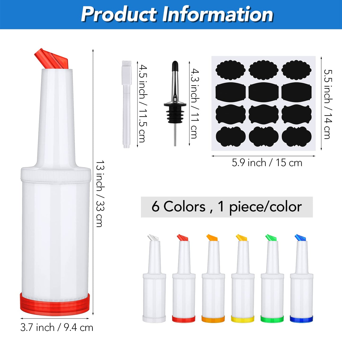 Ruisita 6 Pack Plastic Pour Bottles with Stainless Steel Pourer - Tapered Spout for Liquor and Juice Store (34 Ounces, Multicolor)