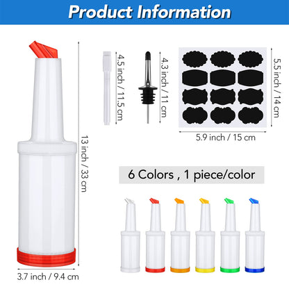 Ruisita 6 Pack Plastic Pour Bottles with Stainless Steel Pourer - Tapered Spout for Liquor and Juice Store (34 Ounces, Multicolor)