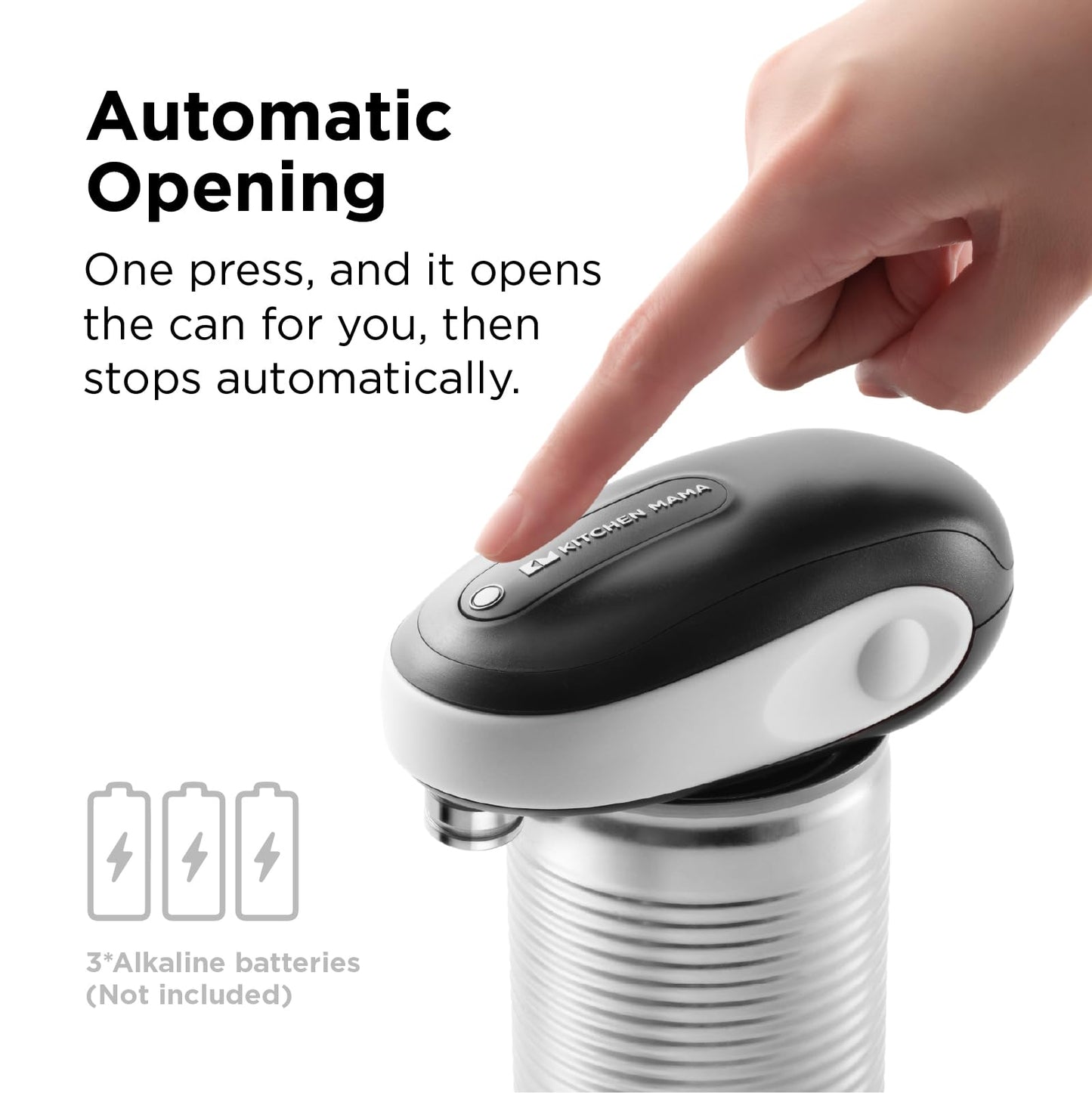 Kitchen Mama One-To-Go Electric Can Opener: One Touch, Auto Stop, Smooth Edge, Lid Lift, Safety, Automatic, Magnetic, Cordless, Battery Operated, Kitchen Appliance for Senior with Arthritis (White)