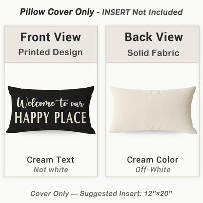 12x20 Inch Decorative Throw Pillow Cover Welcome to Our Happy Place Black White Outdoor Modern Farmhouse Front Porch