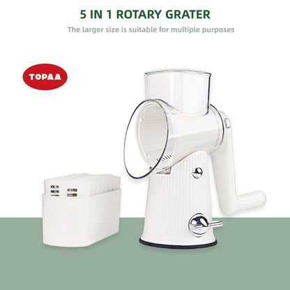 Rotary Cheese Grater with Handle - Vegetable Shredder with 5 Blades & Strong Suction Base, Round Slicer & Food Chopper for Kitchen (White)