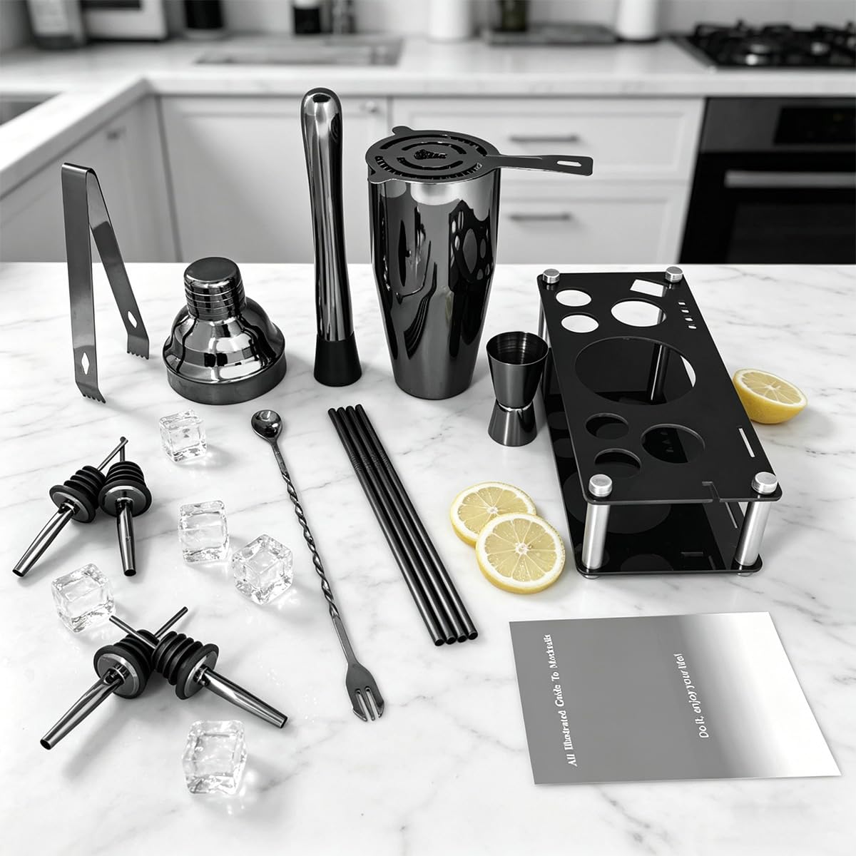 14-Piece Cocktail Shaker Set Bartender Kit with Black Stand, Bar Tool Set for Drink Mixing Bartending Kit Bar Sets Accessories: 750ml(25oz) Shaker, Jigger, Muddler, Cocktail Recipes (Black)