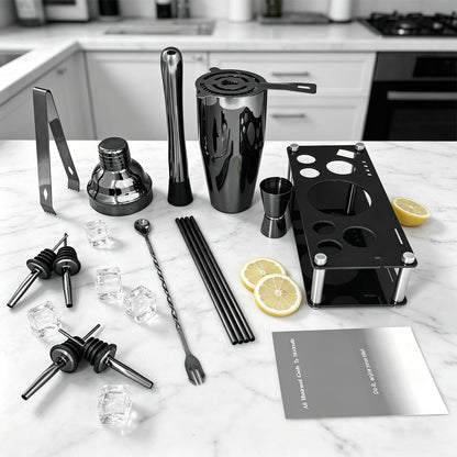 14-Piece Cocktail Shaker Set Bartender Kit with Black Stand, Bar Tool Set for Drink Mixing Bartending Kit Bar Sets Accessories: 750ml(25oz) Shaker, Jigger, Muddler, Cocktail Recipes (Black)