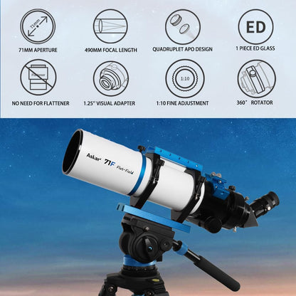 Askar 71F Flat-Field Telescope, 71mm Aperture F6.9 ED Glass Refractor OTA, Quadruplet air-Spaced APO, 230mm Vixen Dovetail Plate for Deep Sky Astrophotography and Visual Astronomy