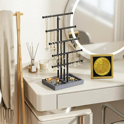 Love-KANKEI Jewelry Organizer Stand, 5 Tier Large Necklace Holder with Wood Base, Jewelry holder stand Tree for Display, Bracelets Earrings Rings, Height Adjustable Gift Weathered Grey