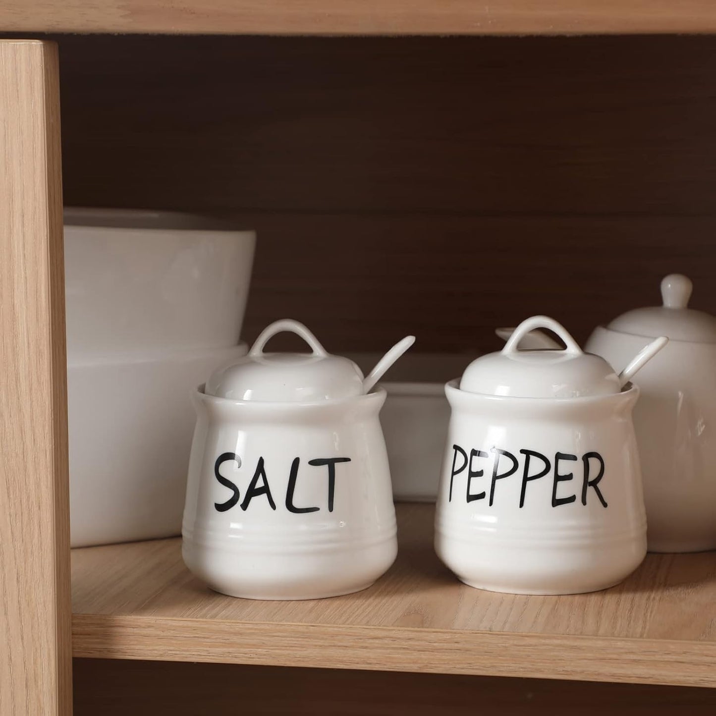 HAOTOP Salt and Pepper Bowls with Lid and Spoon - 12 oz Ceramic Cellar Set, Spice Box for Farmhouse Kitchen Decor