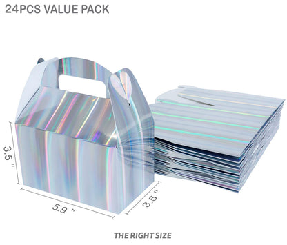 Naleyber Shiny Rainbow Party Favor Boxes 24pcs Iridescent Silver Gift Gable Treat Boxes Candy Snacks Goodie Bags Cookie Box for Birthday Wedding Christmas Baby Shower