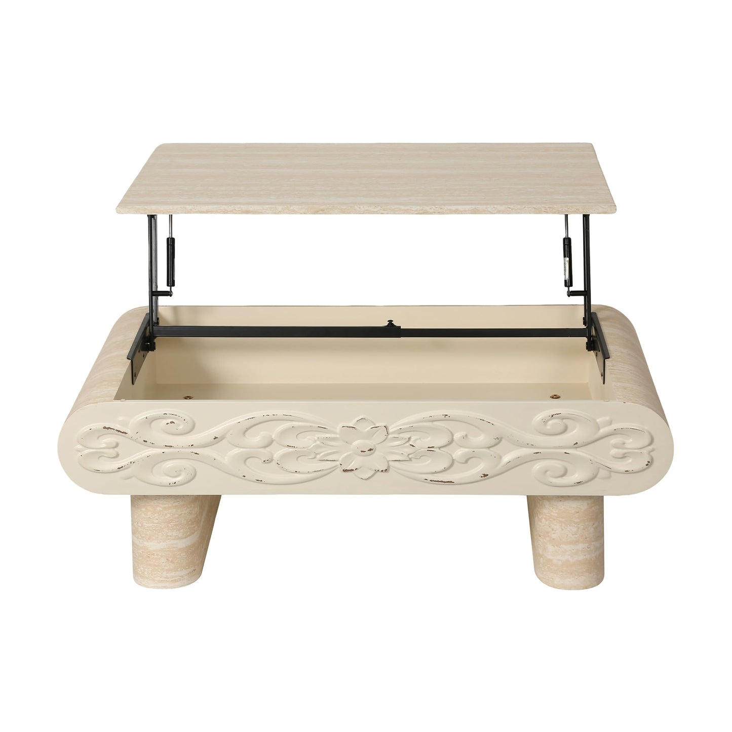 GDFStudio 39.4" Rectangle Lift Top Coffee Table with Hidden Storage, Modern Extendable Center Table with Shelf & Curved Legs, Wooden Coffee Table for Living Room Small Space, Beige+Yellow