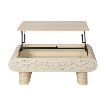 GDFStudio 39.4" Rectangle Lift Top Coffee Table with Hidden Storage, Modern Extendable Center Table with Shelf & Curved Legs, Wooden Coffee Table for Living Room Small Space, Beige+Yellow