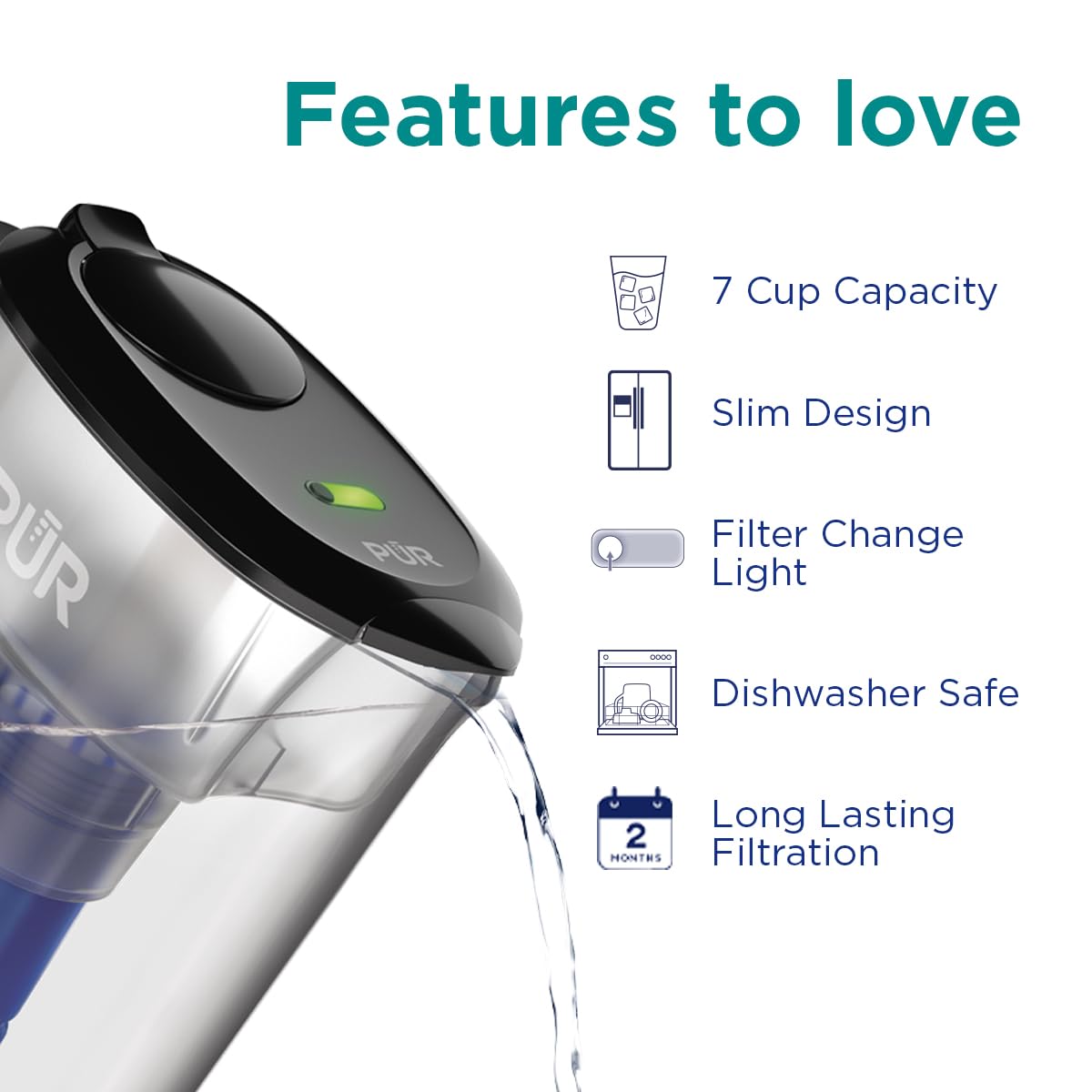 PUR 7-Cup Water Filter Pitcher with 1 Genuine PUR Filter, 3-in-1 Powerful Filtration, BPA Free, Dishwasher Safe, Smoke, PPT710BA
