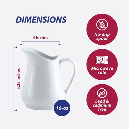 HIC Kitchen Creamer Pitcher With Handle, Fine Porcelain, 16-Ounce Capacity, For Coffee, Tea, Dressings, Syrups, Sauces