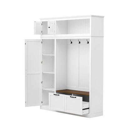 Merax 3-in-1 Hall Tree with Overhead Storage Cabinet, Adjustable Side Shelves,4 Hooks,2 Spacious Drawers,Grooved Back Panel Design, Contrasting Seat Bench,Multifunctional Entryway Organizer, White