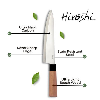 HIROSHI Sushi & Sashimi Knife Set 4-Piece High Carbon Stainless Steel Japanese Chef Knives with Beech Wood Handle Professional Kitchen Knife Set for Precision Cutting