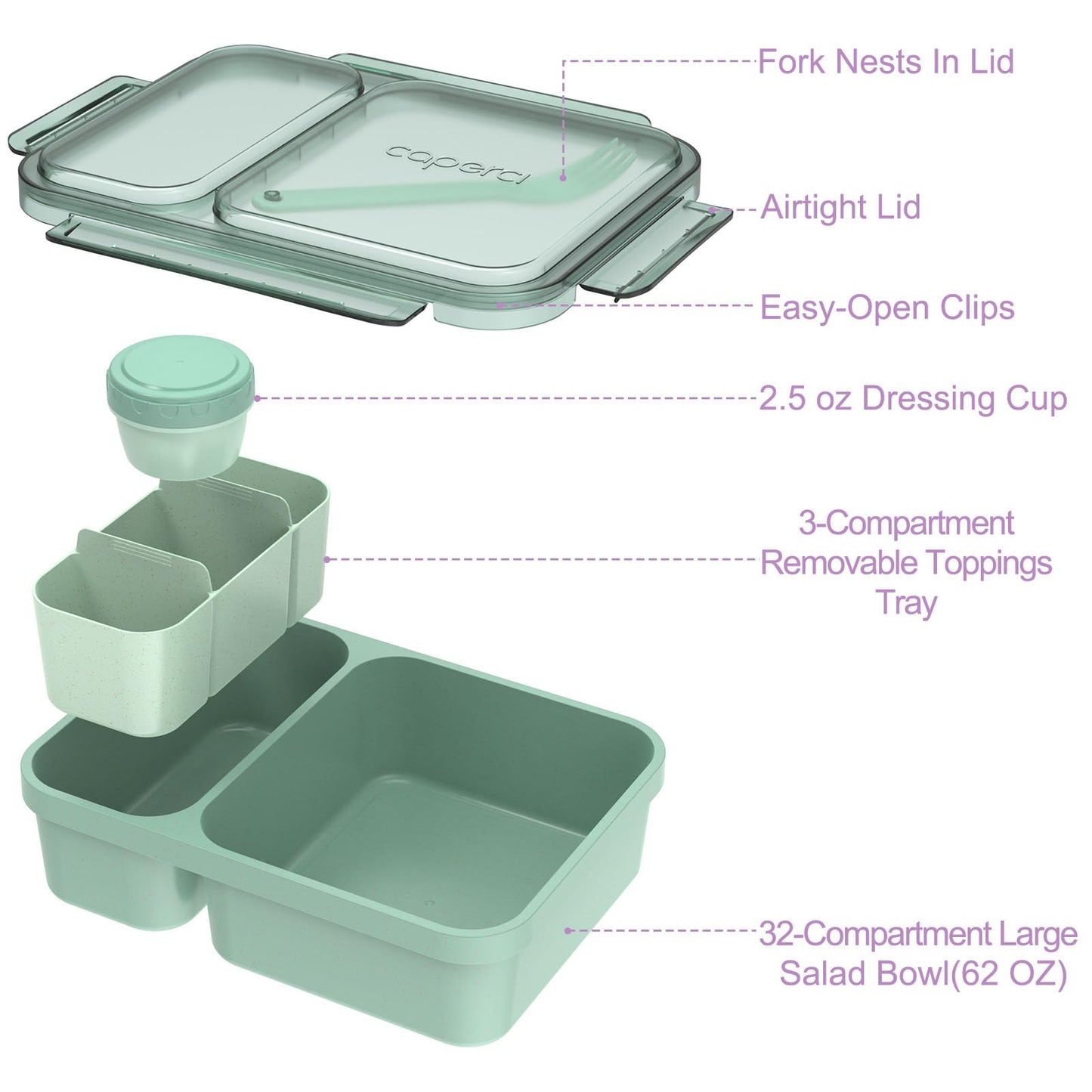 Caperci 2 Pack Salad Containers - Extra-Large 62 oz Bento Lunch Box for Adults, 2-Compartment Meal Prep Container with Removable Toppings Tray, Sauce Cup, Reusable Fork, BPA-Free (Purple & Green)