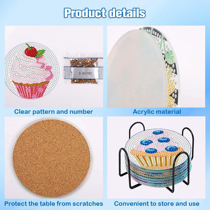 PERFECTSIGHT 8 Pcs DIY Diamond Art Painting Coasters with Holder, Cute Diamond Paint Coaster Kits for Adults, Kawaii Full Drill Diamond Art Craft Paint by Number Non Slip Coaster - Silver Cupcake