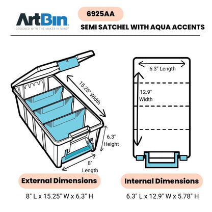 ArtBin 6925AA Semi Satchel with Removable Dividers, Portable Art & Craft Organizer with Handle, [1] Plastic Storage Case, Clear with Aqua Accents