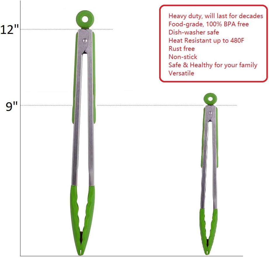 Set of 2 Kitchen Tongs – 9 inch & 12 inch – Premium Locking Non-stick Stainless Steel Food Tongs for Cooking, BBQ,