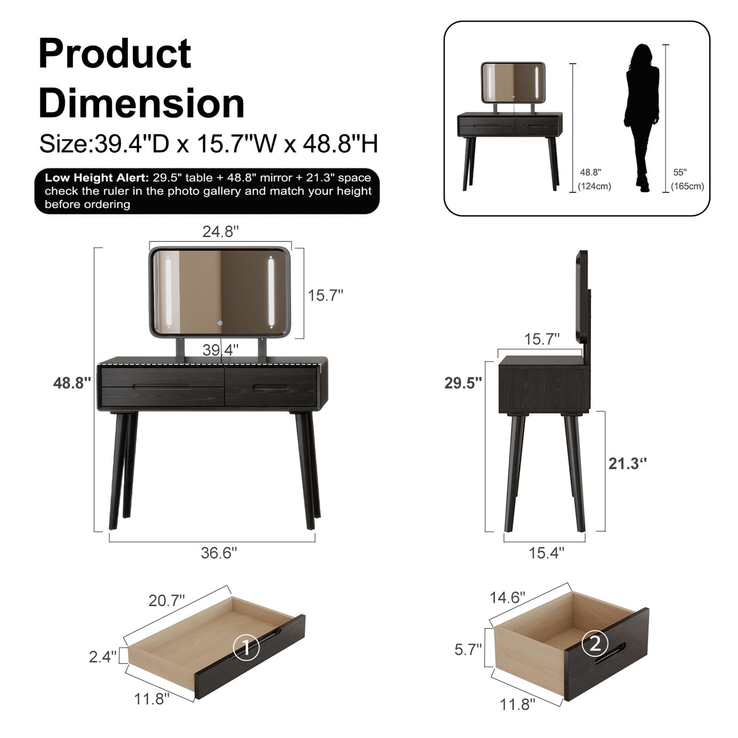 DONGMUWUJEE Solid Wood Vanity with Mirror and Lights, Adjustable Brightness, Wood Makeup Vanity with 3 Drawers, Semi-Assembled, Vanity Desk for Bedroom (Black)