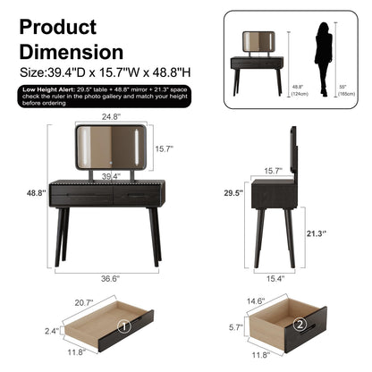 DONGMUWUJEE Solid Wood Vanity with Mirror and Lights, Adjustable Brightness, Wood Makeup Vanity with 3 Drawers, Semi-Assembled, Vanity Desk for Bedroom (Black)