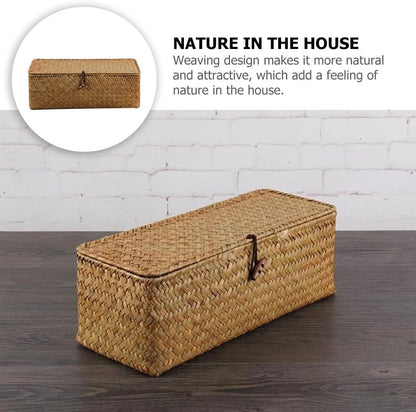 Handwoven Wicker Storage Basket with Lid, 3 Compartment Toilet Paper Holder for Bathroom, Kitchen Organizer Bin