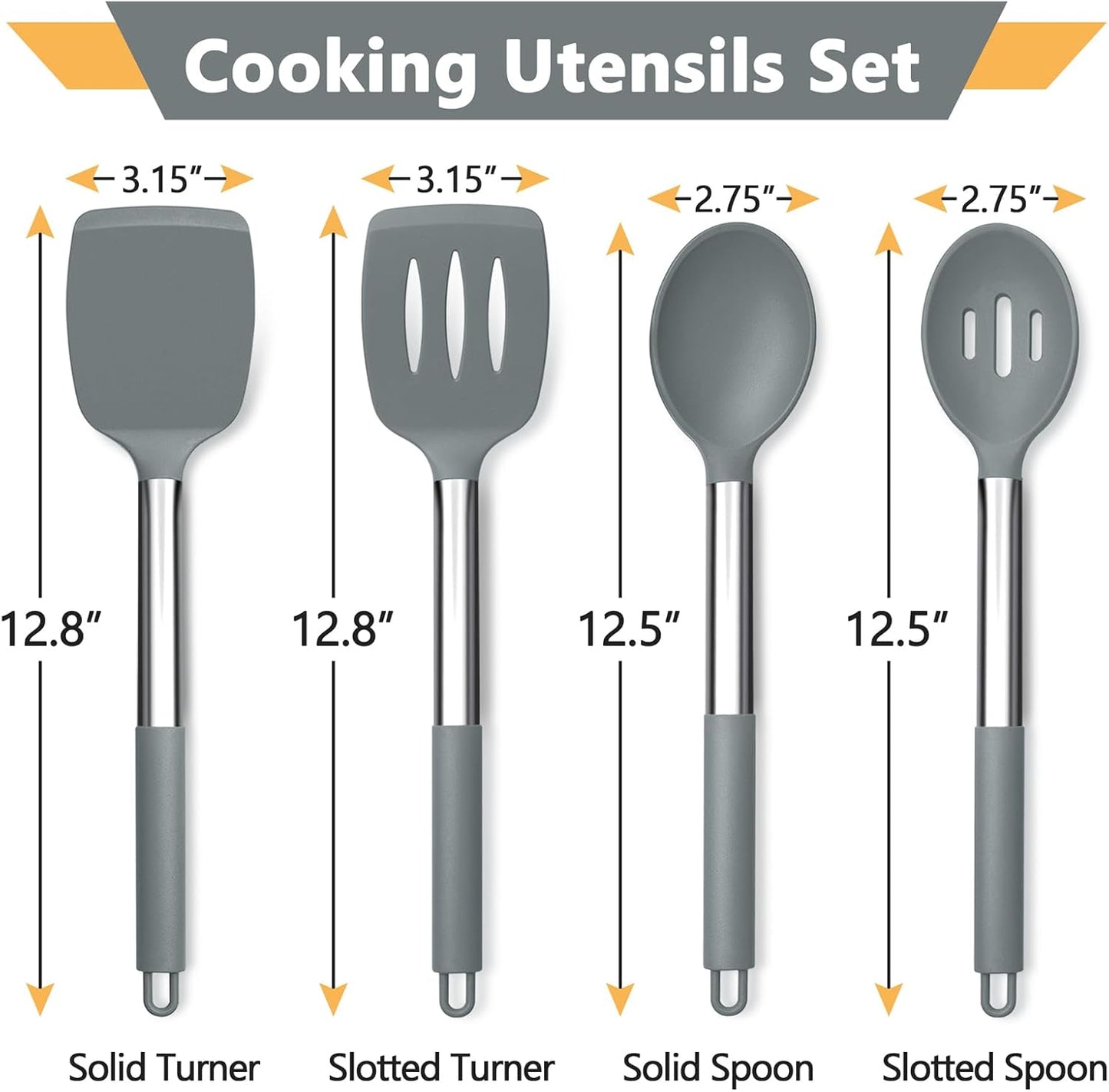P&P CHEF Kitchen Utensils Set, 4Pcs Silicone Cooking Spatulas, Heat-proof Turner Spoon, Dishwasher Safe, Grey