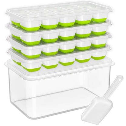 DOQAUS Ice Cube Tray with Lid and Bin - 4 Pack Silicone Ice Cube Trays for Freezer, Stackable Ice Bucket Kits with Storage Container & Scoop for Kitchen, RV, Cocktail, Coffee