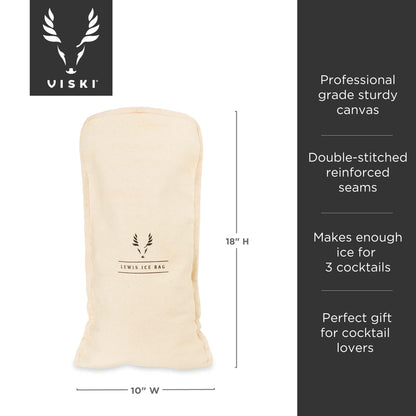 Viski Bartender’s Lewis Ice Bag - Extra Large Professional Grade Canvas Ice Crushing Bag with Reinforced Seams for Chilled Cocktails - 10″ x 18″ Set of 1