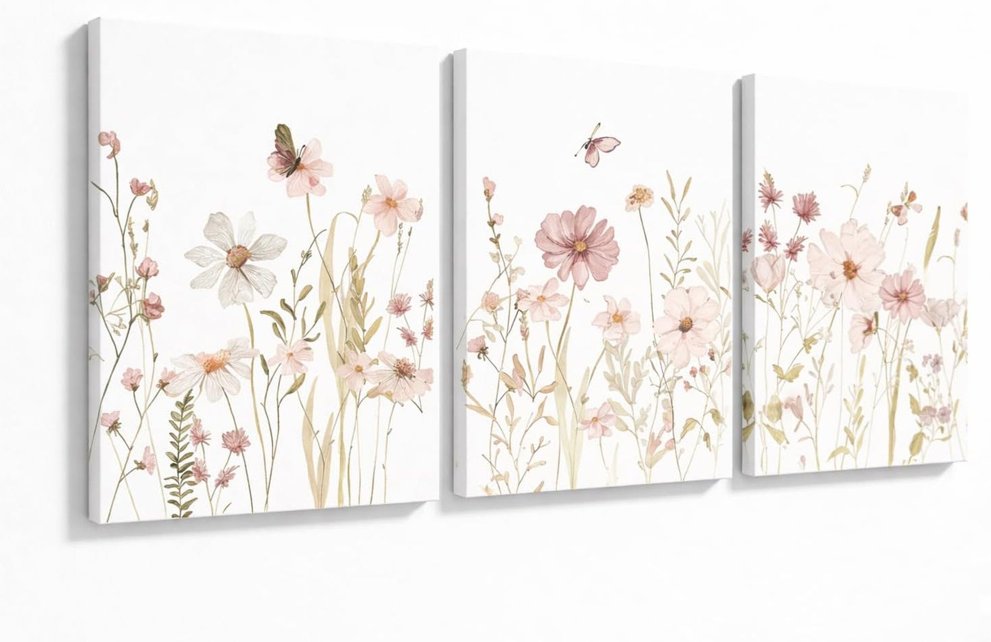 3 12x16in MTFBWY Piece Pink Wildflower Canvas Wall Art, Vintage Floral Botanical Prints, Sage Green Flower Pictures