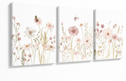 3 12x16in MTFBWY Piece Pink Wildflower Canvas Wall Art, Vintage Floral Botanical Prints, Sage Green Flower Pictures