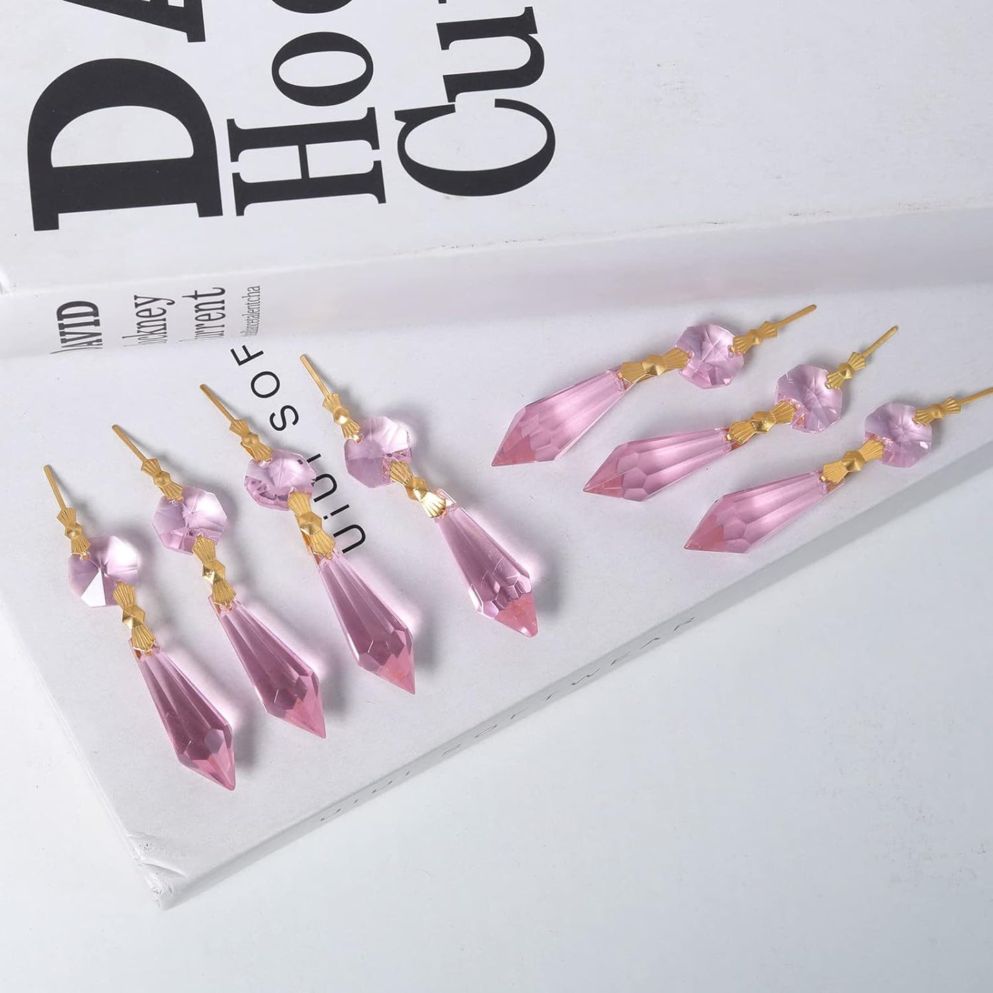 20pcs Pink Crystals Prisms Glass Tip Beads Replacement Chandelier Icicle Drop Pendants Octagon Crystal Beads Gold Pins