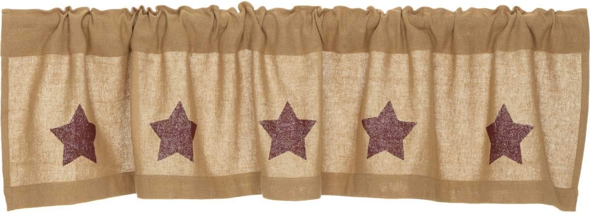 Burlap Natural with Burgundy Stars Primitive 16"x72" Valance, Stenciled Cotton Kitchen Window Curtains