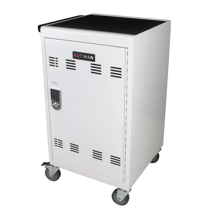 30-Device Mobile Charging Cart with Power Strip, Locks, Cable Management, Up to 16.3" Safe Charging Cabinet for Chromebooks, Tablets, Laptops. White with Code Lock