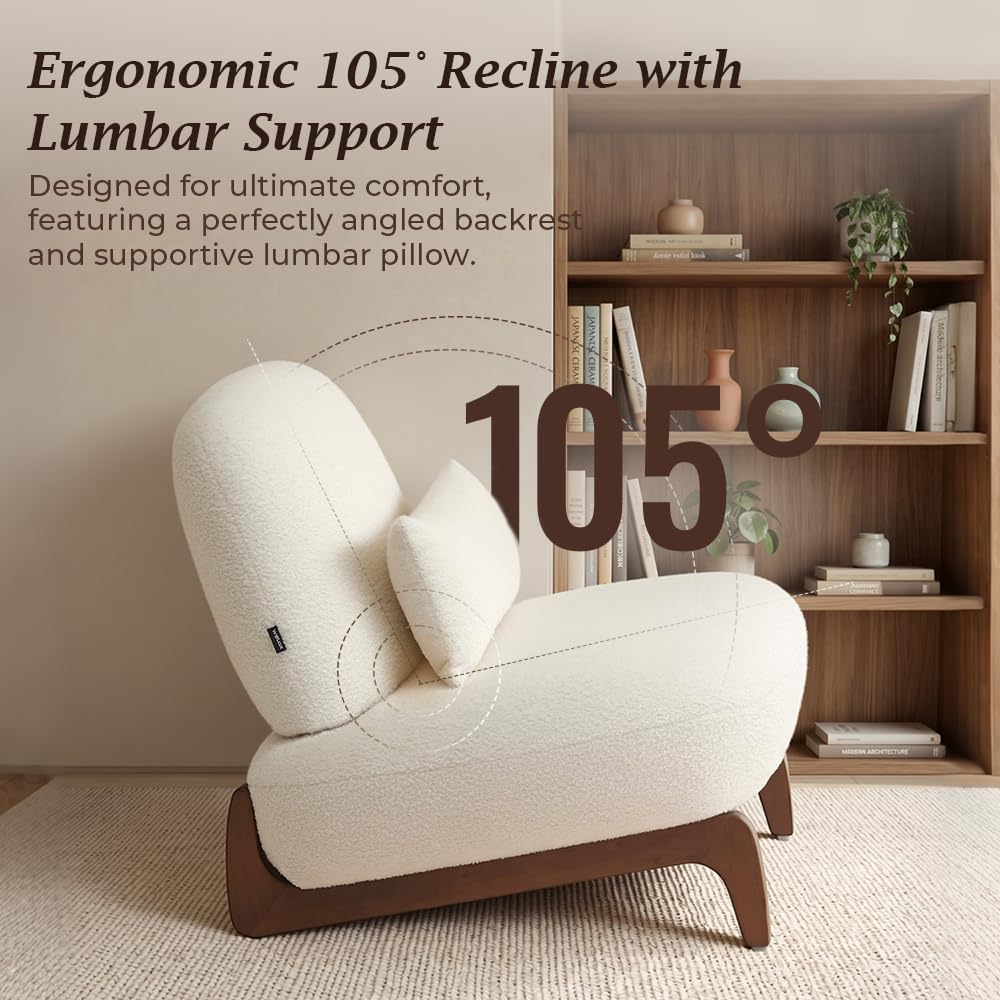 WELAX Modern Boucle Accent Chairs Set of 2, Sturdy Tilted Wood Legs with Thick Cushion & Comfy Lumbar Pillow, Armless Reading Chairs for Living Room, Lounge, Bedroom - White