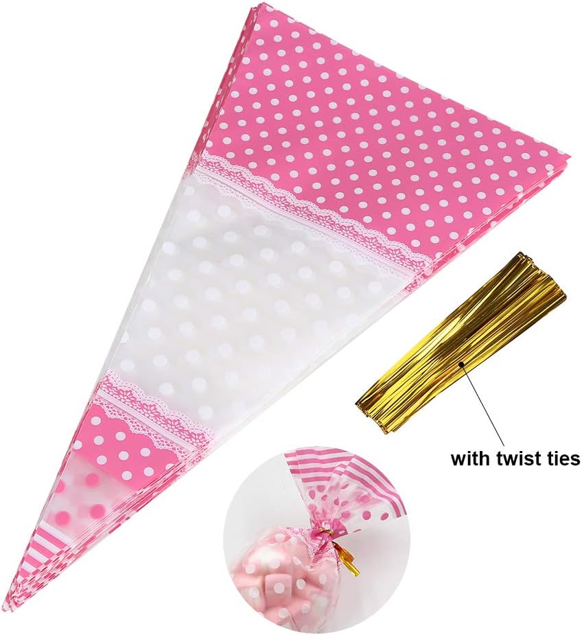 FTVOGUE 50 Piece Clear Cone-Shaped Treat Bags with Twist Ties, Cellophane Candy Bags (Pink)
