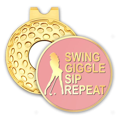 rofiowa Swing Giggle Sip Repeat Pink Gold Golf Ball Marker with Hat Clip, Funny Golf Accessories for Women, Christmas Mother's Day Birthday Gifts for Golf Fan Golfer, Novelty Golf Gifts for Her
