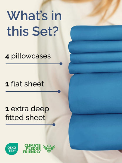 Skiennix Extra Deep Queen Sheet Set - 6-Piece Breathable Cooling Bedding - Soft, Wrinkle-Free Denim Blue