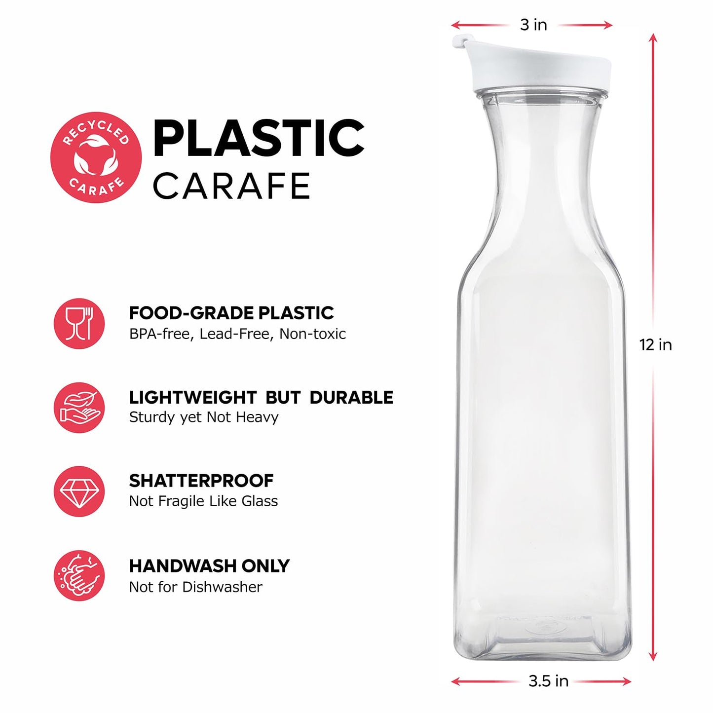 GUSTO [50 oz - 4 Pack] Plastic Carafe with Lid, Large Capacity Square Base - Clear Pitcher with Flip Top Lid, Easy-Pour Spout Juice Containers with Lids, Hand Wash Only - Perfect for Mimosa Bar